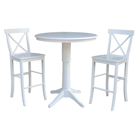 International Concepts Round 36 in Rd Pedestal Bar Height Table, 2 X-Back Bar Height Stools, White, 36 in W, 36 in L, Wood K08-36RT-27B-S6133